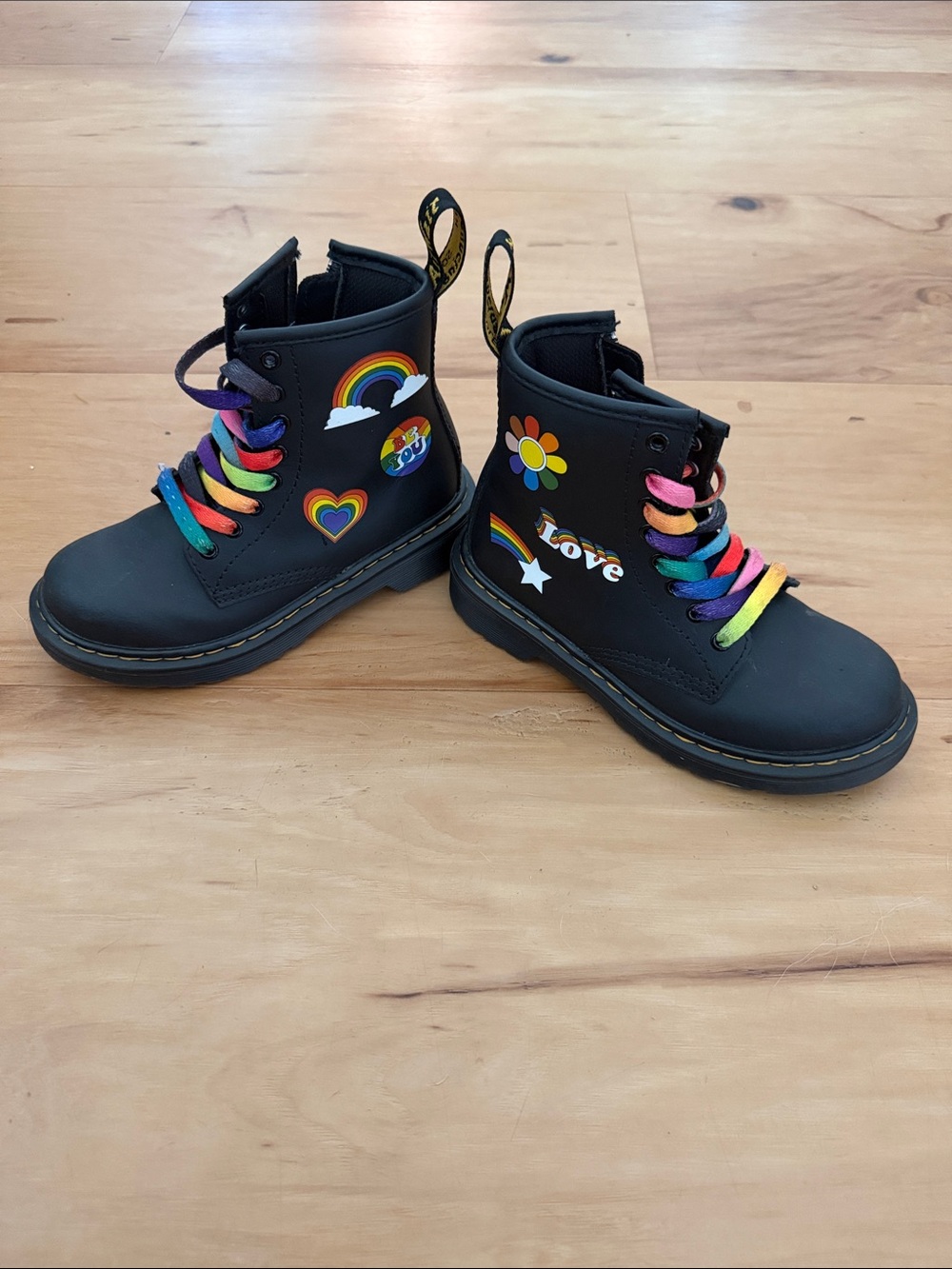 Dr. Martens Black Kids Rainbow Lace-Up Boots with Love & Flower Patch